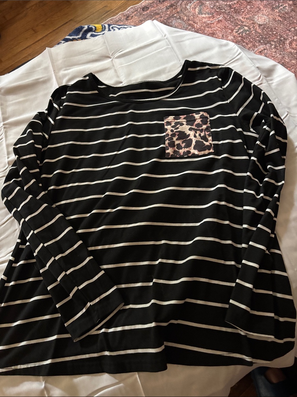 Trendy boutique Black & White Striped Long Sleeve Tee with Leopard Pocket Accent